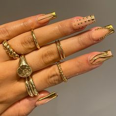 Gold Chrome Coffin Acrylic Nails, Birthday Acrylic Nails Coffin Medium, Gold Chrome Nail Designs, Jelly French Tip Nails, Chrome Birthday Nails, Gold Chrome Nail Art, Chrome Gold Nails, Birthday Nails Gold, Birthday Nails Baddie