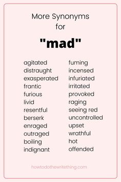 a pink poster with the words more syonyns for mad