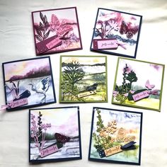 six cards with different designs on them sitting next to each other, all decorated in pink and green