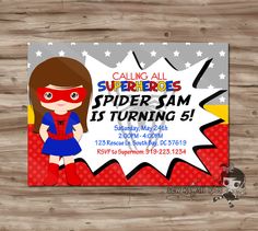 a spiderman birthday party card with the words,'calling all superheros is turning 3