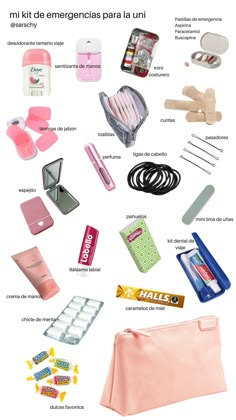 Imagen collage de productos básicos para un kit de emergencias para la universidad, incluye
‌bálsamo labial
‌crema de manos 
‌mini desodorante
‌toallas fem
‌ligas para el pelo
‌pasadores 
‌mini costurero (hilo + aguja)
‌gel antibacterial
‌curitas
‌jabón 
‌papel higiénico 
‌kleennex 
‌cepillo de dientes + pasta
‌perfume 

pastillero con ‌buscapina, ‌paracetamol, ‌aspirina

‌lima de uñas
‌espejito Schul Survival Kits, Gel Antibacterial, School Emergency Kit, School Backpack Essentials, Everyday Bag Essentials, School Bag Essentials, Backpack Essentials, Travel Bag Essentials, School Kit