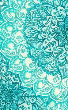 a blue and white background with intricate designs on the bottom, in shades of teal