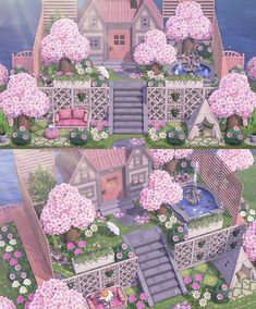 two pictures of the same house with pink flowers on each side and stairs leading up to it