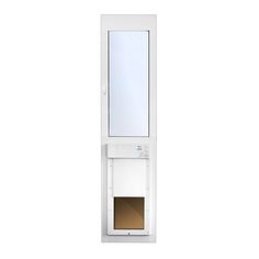 a white bathroom cabinet with a mirror above it and a dog door on the side