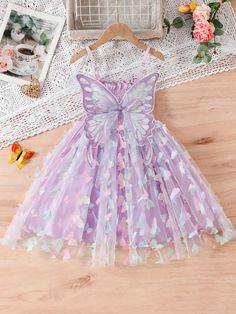 1pc Young Girl Elegant Cute Fantasy Princess 3D Butterfly Decor Rainbow Color Sleeveless Party Birthday Dress Summer Purple   Sleeveless Mesh Fabric Animal,Geometric,Plants,Butterfly Cami Non-Stretch Summer Young Girls Clothing, size features are:Bust: ,Length: ,Sleeve Length: Purple Butterfly Birthday, Butterfly Birthday Dress, Tulle Tutu Dress, Fantasy Princess, Butterfly Decor, Party Kleidung, Butterfly Birthday, Tulle Tutu, Butterfly Decorations