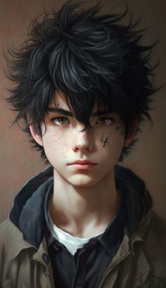 a painting of a boy with black hair and piercings on his face, looking at the camera