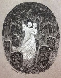 a black and white drawing of two people hugging in a cemetery with headscarves