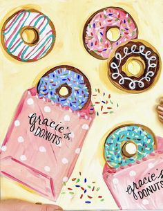 a painting of doughnuts with the words grace and donuts written on them