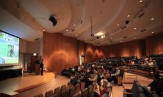 an auditorium full of people watching a presentation