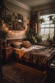 a bed sitting in a bedroom next to a window filled with potted plants and lights