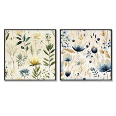 two framed art prints with blue and yellow flowers on the left, one is white and the other is beige