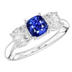 METAL SPECIFICATIONS White Gold 14K STONE SPECIFICATIONS Stone Name : Blue Sapphire and Diamond Stone Cut : Cushion Stone Details : There is one cushion cut sapphire approx. 1.50 carats (Approx. Size 5.5 x 5.5 mm) and two cushion diamonds approx. 0.50 carats each (Approx. Size 4.2 x 4.2 mm) on the sides. Natural earth mined stones. Color : F Clarity : VS1 Quality of Sapphire : AAA Sapphire Treatment : Heated Total : Approx. 2.50 Carats RING SPECIFICATIONS Size : 6.5 (Can ship in any size, please Wedding Ring Cushion, Three Stone Ring, Cushion Diamond, Diamonds And Gold, Three Stone Rings, Natural Earth, Gold Diamond Rings, Sapphire Diamond, Diamond Stone