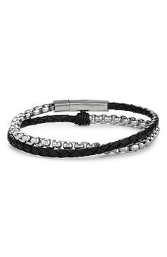 Braided leather and stainless steel chain intersect across the wrist on a double-wrap bracelet handcrafted in the USA. 1/8" width; 16" length Clasp closure Stainless steel/leather Made in the USA Adjustable Black Leather Bracelet With Lobster Clasp, Modern Adjustable Double Band Bracelets, Modern Stainless Steel Leather Bracelet For Formal Occasions, Modern Leather Jewelry With Stainless Steel Clasp, Adjustable Double Band Jewelry With Leather Strap, Adjustable Double Band Leather Strap Jewelry, Adjustable Modern Wrap Bracelet, Elegant Leather Wrap Bracelet, Elegant Double Band Leather Jewelry