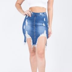 Distressed Denim Mini Skirt Fitted Distressed Bottoms For Day Out, Distressed High Rise Fitted Skirt, Chic Ripped Fitted Denim Skirt, Chic Fitted Ripped Denim Skirt, High Rise Fitted Distressed Skirt, Chic Distressed Denim Skirt For Spring, Fitted High Rise Distressed Skirt, High-rise Fitted Distressed Skirt, Spring High Waist Ripped Skirt