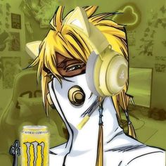 an anime character with headphones and a drink