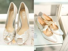 two pictures of shoes with bows on them, one in white and the other in silver