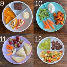 three plates with different foods on them and the same plate containing fruit, vegetables, crackers, and bread