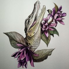 a drawing of an alligator on a branch with purple flowers