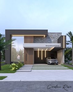 a car is parked in front of a modern house