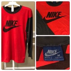 Vintage 80s Blue Tag Nike Two Tone Long Sleeve Swoosh Logo Single Stitch Graphic Tee T-Shirt Shirt. Front Black Nike Logo Swoosh Graphics. 2 Toned Red Front , Black Sleeves & Back. Printed On A Blue Label 50-50 Polycotton Nike Brand Longsleeved Shirt. No Holes No Rips No Stains No Tears. No Fading Or Cracking Graphics. Armpit To Armpit 20 Inches Shoulder To Hem 27 Inches Retro Red Long Sleeve T-shirt, Red Color Block Tops For Streetwear, 90s Red Long Sleeve Tops, Retro Color Block Long Sleeve Tops, Retro Long Sleeve Color Block Tops, Vintage Color Block Tops For Streetwear, Retro Black Long Sleeve Tops, Casual Reworked Tops For Streetwear, Retro Color Block Tops For Streetwear