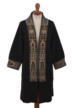 This fabulous long cardigan from Bolivia showcases colorful baroque-inspired jacquard down the open front and cuffs. Dressed up or down, the heavy knit layering jacket is perfect as cozy outwear for chilly days or a fashionable indoor cardigan. Embroidered Open Front Outerwear For Fall, Alpaca Coat, Layering Jacket, Heavy Knit, Jacquard Knit, Bolivia, Long Cardigan, Front Open, Alpaca