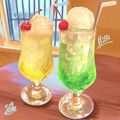 two glasses filled with ice cream and cherries