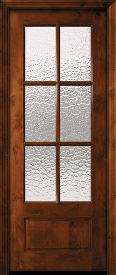 a wooden door with frosted glass on it