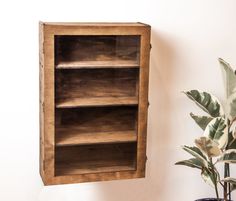 a wooden shelf next to a potted plant