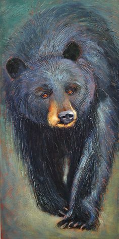 a painting of a black bear walking across a field