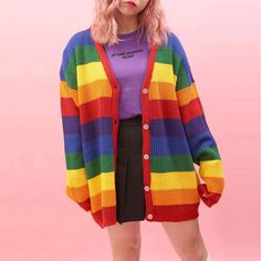 Rainbow Cardigan, Loose Knit Cardigan, Fest Outfits, Rainbow Outfit, Rainbow Sweater, Pride Outfit, Outfit Trends, Mode Inspo, Loose Sweater