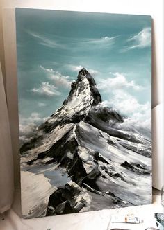 a painting of a mountain with snow on it