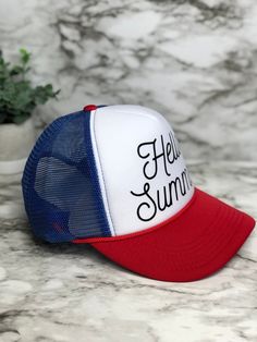 "These unique custom MADE TO ORDER hats are truely one of a kind. Not all heads are created equal , which is why we have so many size options. You can customize your hat color, size and your favorite design. please note all hat colors vary by size, in other words- not every hat color is available in every size. **please note these are made to order and the design layouts will be unique to each hat ordered** Please feel free to ask any questions you have about sizing, as these are MADE TO ORDER e White Trucker Baseball Cap For Beach, Summer Trucker Snapback Hat, Adjustable Trucker Snapback Hat For Summer, Summer Trucker Hat With Snapback, Blue Fun Snapback Hat For Summer, Fun Blue Snapback Hat For Summer, Summer Snapback Trucker Hat, Summer Trucker Baseball Cap For Outdoor, Summer Outdoor Hat With Curved Bill