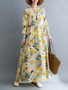 Sku CY-!125621 Material 95%Cotton Style Loose , Long Sleeves Feature Flower Print , Split-joint Neckline Round-neck Occasion Casual , Vintage , Leisure Fashion Seasons Spring , Autumn Type Midi Dresses Color YELLOW Size L,XL,2XL Please consult the size chart we provide for this item's measurements to help you decide which size to buy.Please note: There may be 1-3cm differ due to manual measurement. CMINCH Bust Shoulder Sleeve Length L 110 42 56 125 XL 114 43 56 126 2XL 120 44 57 127 Casual Yellow Long Sleeve Maxi Dress, Casual Yellow Spring Dresses, Yellow Long Sleeve Maxi Dress For Summer, Yellow Long Sleeve Maxi Dress For Spring, Yellow Floral Print Maxi Dress For Fall, Fall Floral Print Yellow Maxi Dress, Spring Yellow Maxi Dress For Daywear, Yellow Spring Maxi Dress For Daywear, Yellow Maxi Dress For Spring Daywear