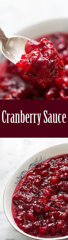 cranberry sauce in a white bowl with a spoon on the side and an image of it