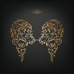 an angel wing with gold filigrees on a black background