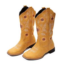 PRICES MAY VARY. 【UNIQUE STYLE】These cowboy boots for women features a stitch sunflower embroidery design and a retro western style, which is fashionable and versatile. The hand-stitched flowers are very delicate and beautiful, giving western boots a unique style. 【PREMIUM QUALITY】 To maintain the aesthetics of the classic women’s cowboy boots. We used high-quality flannel without compromising the finish quality and an elegant stitch pattern and leather stitching design that adds to the overall Sunflower Cowboy Boots Wedding, Yellow Cowboy Boots, Colorful Cowboy Boots, Outdoor Country Wedding, Sunflower Embroidery, Stitched Flowers, Cowboy Boots For Women, Cowgirl Look, Formal Blazer