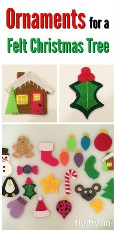 the cover of ornaments for a felt christmas tree, with pictures of different decorations on it