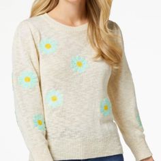 New With Tags This Light Sweater Is The Perfect Piece To Help You Transition Into Spring. Soft-Knit Fabrication With A Beige Hue Features A Boat Neckline, A Ribbed Trim And A Tuft-Textured Floral Print For A Pretty Detail You'll Love. Long Sleeves 76% Cotton, 24% Rayon Machine Wash Imported Cute Spring Knit Sweater, Patch Crewneck, Daisy Patches, Light Sweater, Boat Neckline, Crewneck Sweater, Soft Knits, Crew Neck Sweater, Sweater Outfits