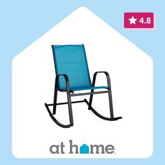 a blue rocking chair with the words at home above it