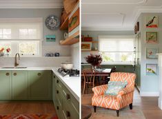 two pictures of a kitchen with green cabinets and an orange chair in front of the sink