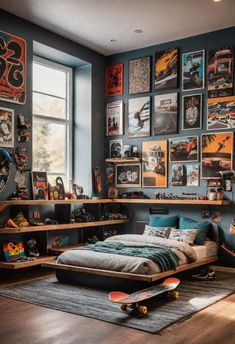 a bedroom with blue walls and lots of pictures on the wall, including a skateboard