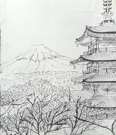 an ink drawing of a pagoda with mountains in the background