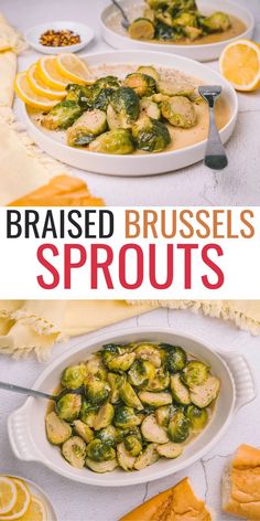 two plates with brussel sprouts and orange slices