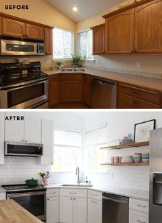 before and after pictures of a kitchen remodel with white cabinets, stainless steel appliances