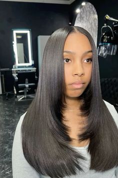 #iluvdarah Side Part Sew In Straight Closure, Straight See In Weave Side Part, Middle Part Layers Straight, Sew In Straight Hair Side Part, Mid Length Hair With Layers Middle Part, Side Part Wig Styles, Natural Weave Hairstyles, Black Hair Prom Hairstyles, Goddess Braids Long