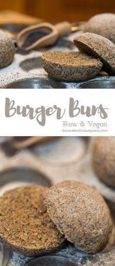 some rocks and spoons sitting on top of a pan with the words burger buns