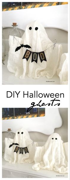 two pictures of halloween ghost decorations with the words diy halloween ghosts written on them