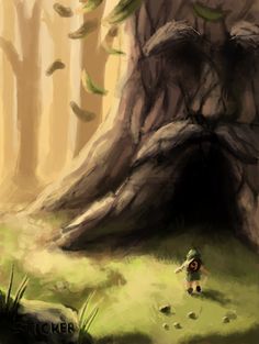 a digital painting of a person walking in front of a large tree trunk with leaves falling from it