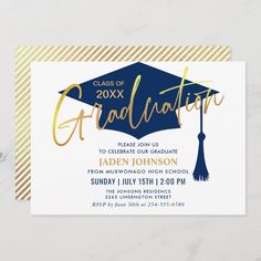 graduation party card with gold foil lettering and a blue cap