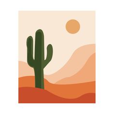 a cactus in the desert with mountains and sun in the background, illustration art print